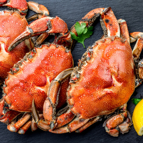 three steamed crabs on charcoal tray with lemons and parsley