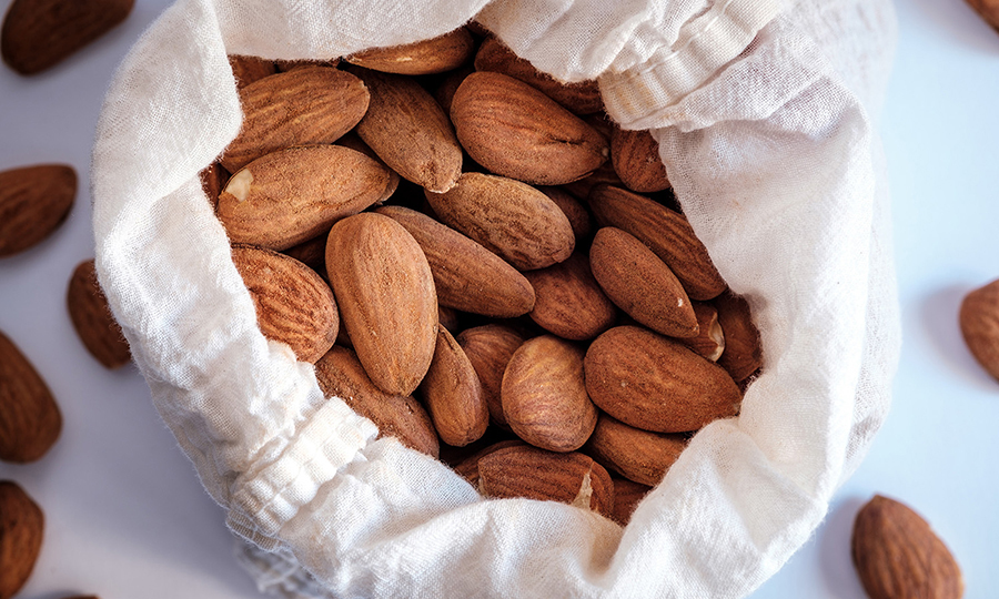 seasoned almonds in a cloth bag