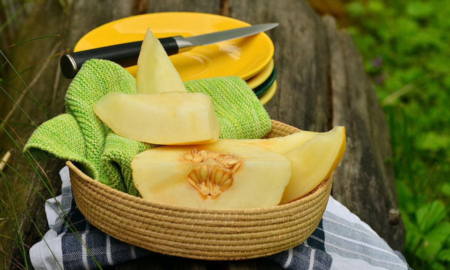 cut honeydew melon slices with the seeds removed from wedges