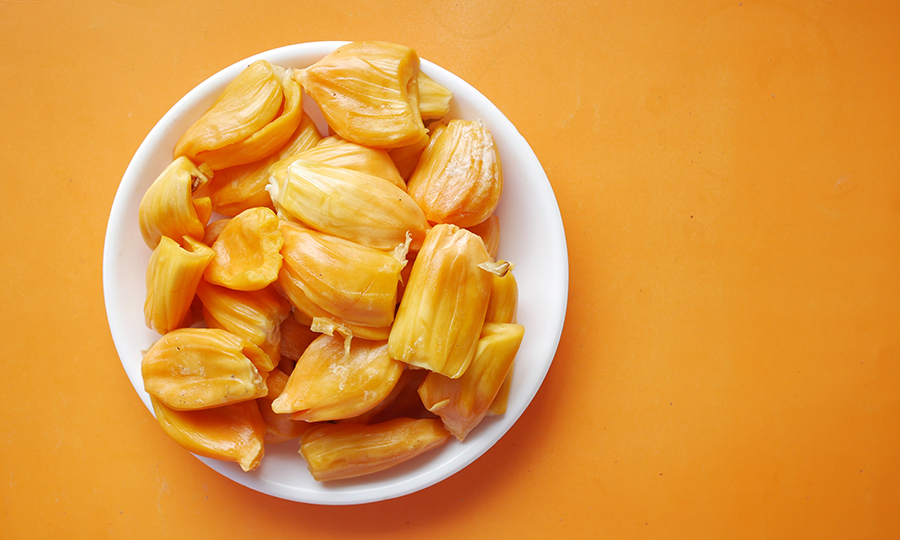 top down view of plate of jackfruit flesh