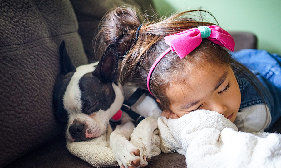 black and white puppy sleeping with little girl on couch