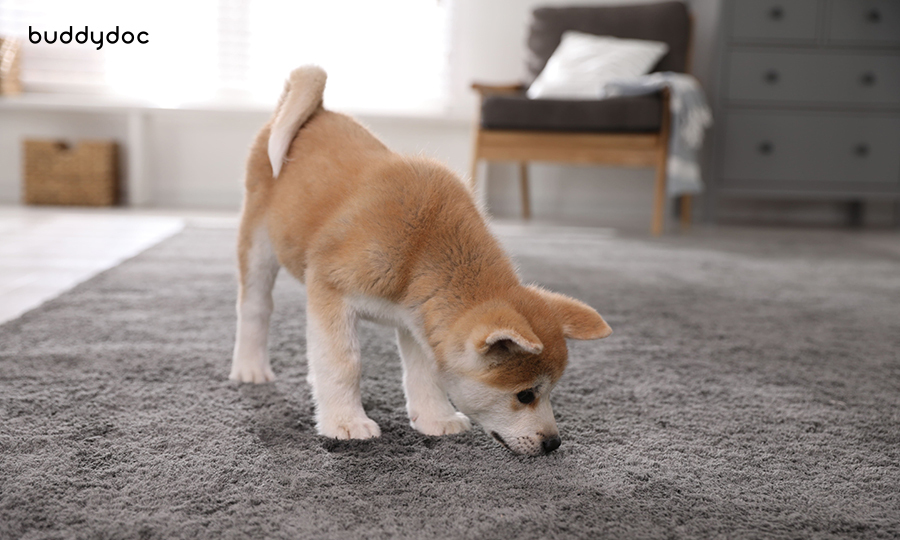 light brown puppy sniffing grey carpet in living room